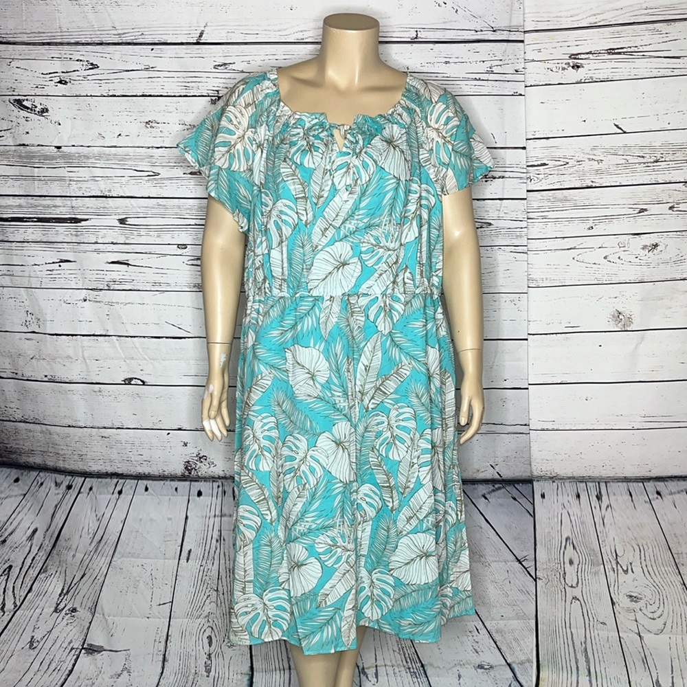 Talbots Teal and White Leaf Print Dress
